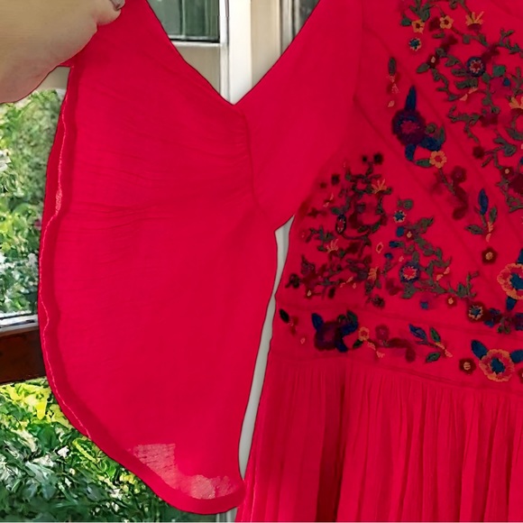 Umgee Red Adrienne Bell Sleeve Ruffle Dress S Babydoll Embroidered Boho - Picture 6 of 13